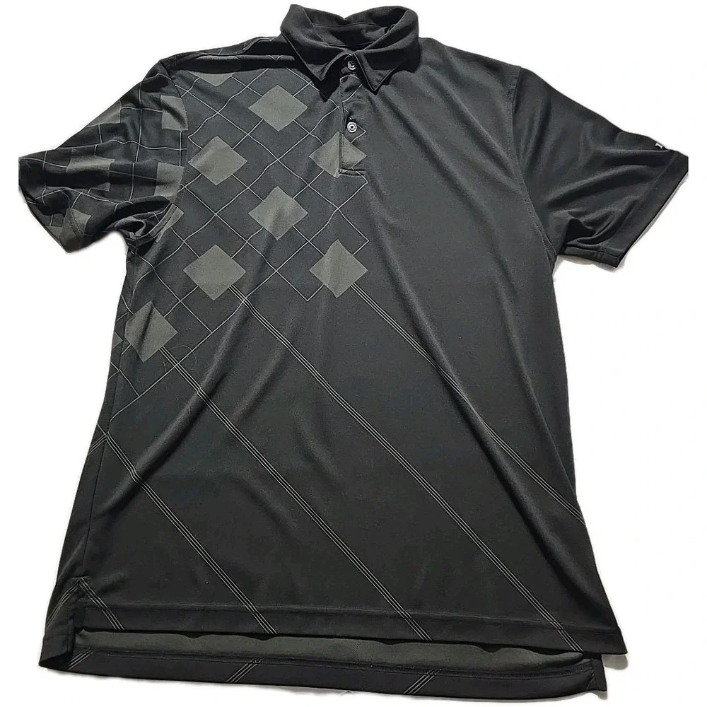IZOD‎ Golf Black Argyle XFG Men's Polo Shirt Medium Short Sleeve